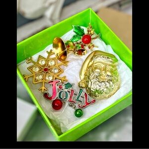 Vintage Christmas Brooch Lot – Santa, Jolly Enamel, Bells Dangle, Gold Snowflake